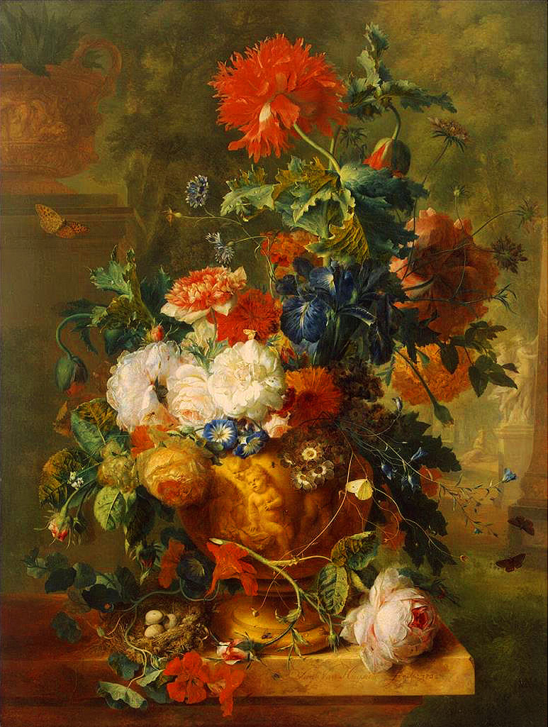 彫像のある花 ヤン・ファン・ホイスムの古典的な花油絵